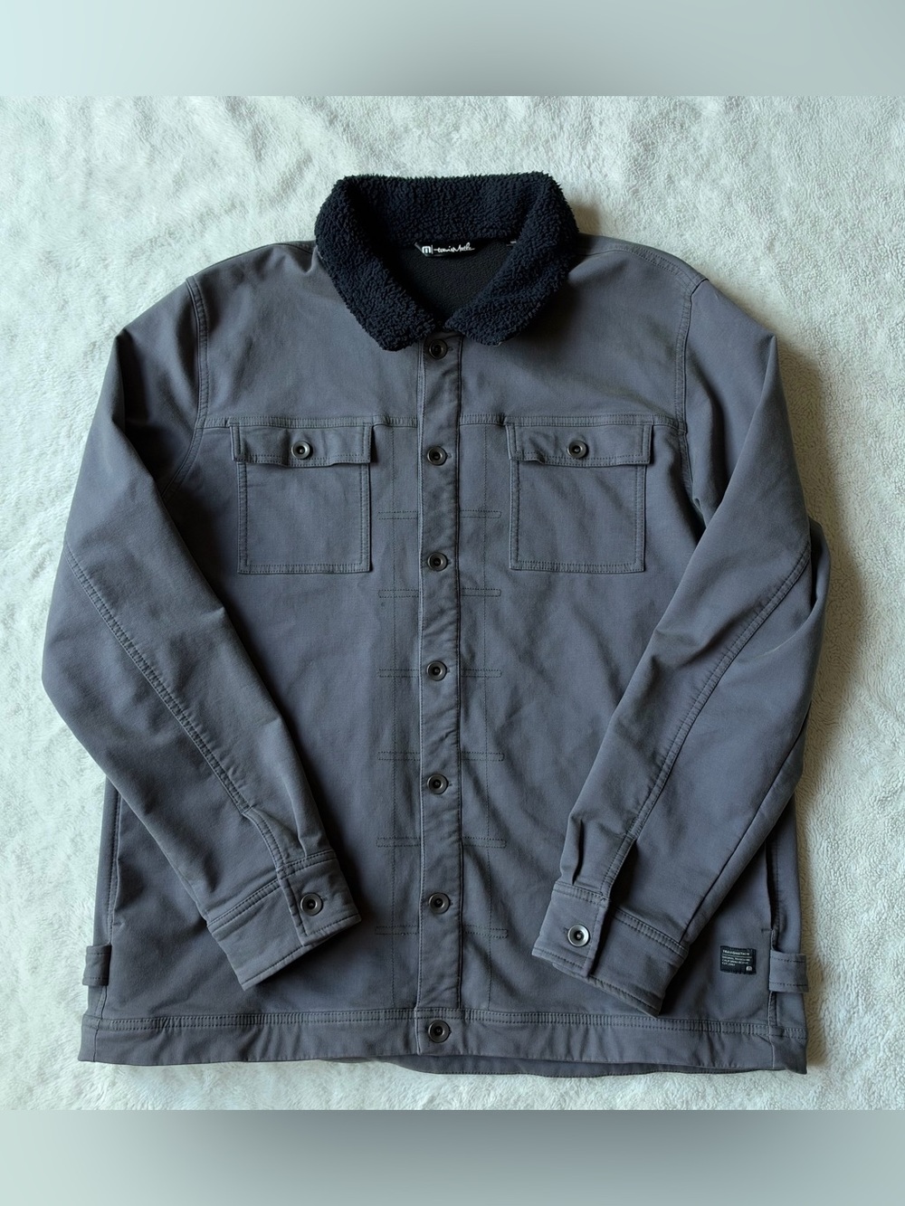 Travis Mathew Men’s Cloud Denim Jacket, Sherpa Collar Grey XL Preppy Streetwear